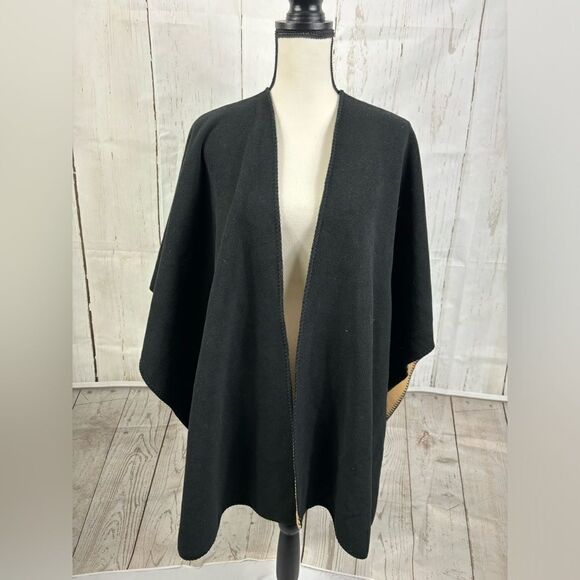 Fleece Poncho Kimono Fleece Open Front Reversible Black Camel - Picture 3 of 5